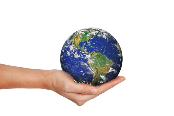 Jorden planet i kvinnlig hand isolerad på vit — Stockfoto