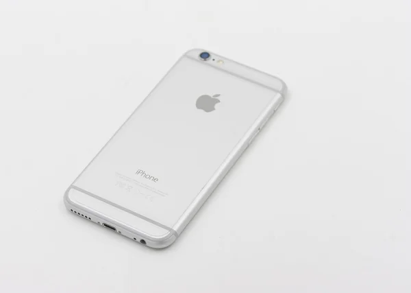 Back of Apple Iphone 6 in white color laying on white background — Stock Photo, Image