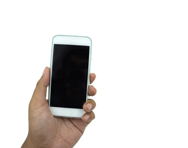 Ręka trzyma silny telefon na białym tle nad białym — Zdjęcie stockowe