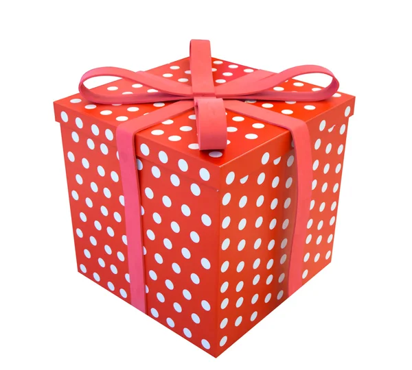 Tek kırmızı hediye kutusu beyaz izole kurdele ile — Stok fotoğraf