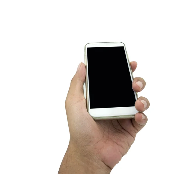 Mano sosteniendo teléfono inteligente aislado sobre blanco — Foto de Stock