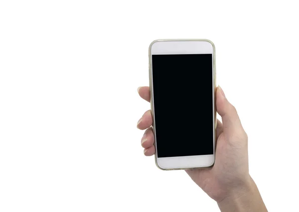 Main tenant le téléphone intelligent isolé sur fond blanc - maquette — Photo