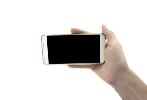 Mano tenendo smartphone isolato su sfondo bianco - mockup — Foto Stock