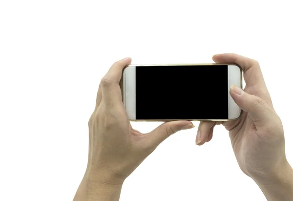 Χέρι εκμετάλλευση έξυπνο τηλέφωνο απομονωθεί σε λευκό φόντο - κοροϊδεύω — Φωτογραφία Αρχείου