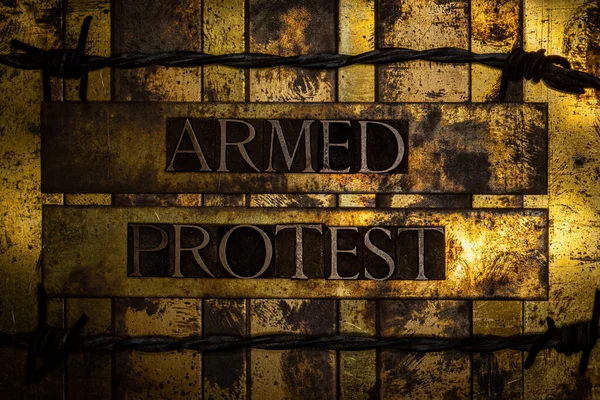 Armed Protests Text Barbed Wire Grunge Textured Copper Gold Background — Stock Photo, Image