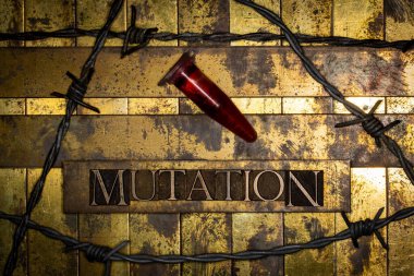 Mutation text with red fluid filled laboratory vial on vintage textured grunge copper background