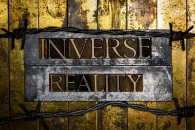 Inverse Reality text on vintage textured grunge copper and gold background clipart