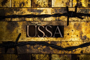 Eskitilmiş grunge altın ve bakır arkaplanda dikenli tel arasındaki USSA metni