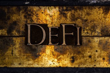 Desenli grunge bakır ve klasik altın arkaplan üzerine DeFi metni