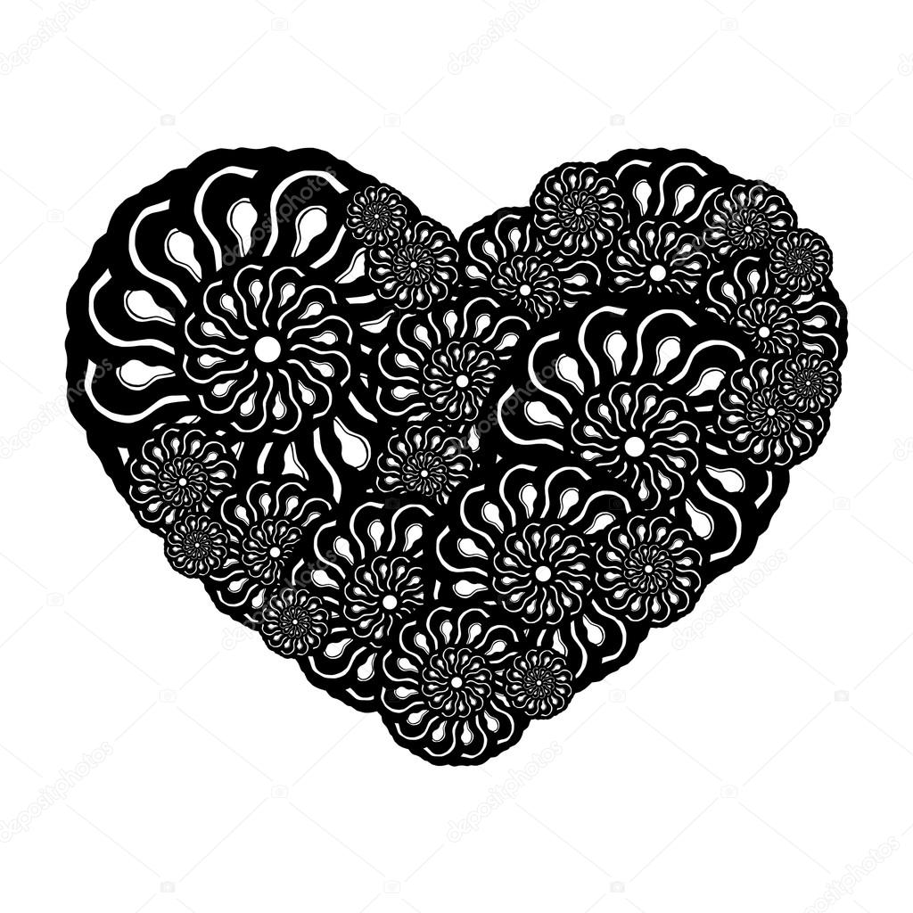 Immagine del cuore dei fiori stilizzati in bianchi e nero colori — Vettoriale Stock