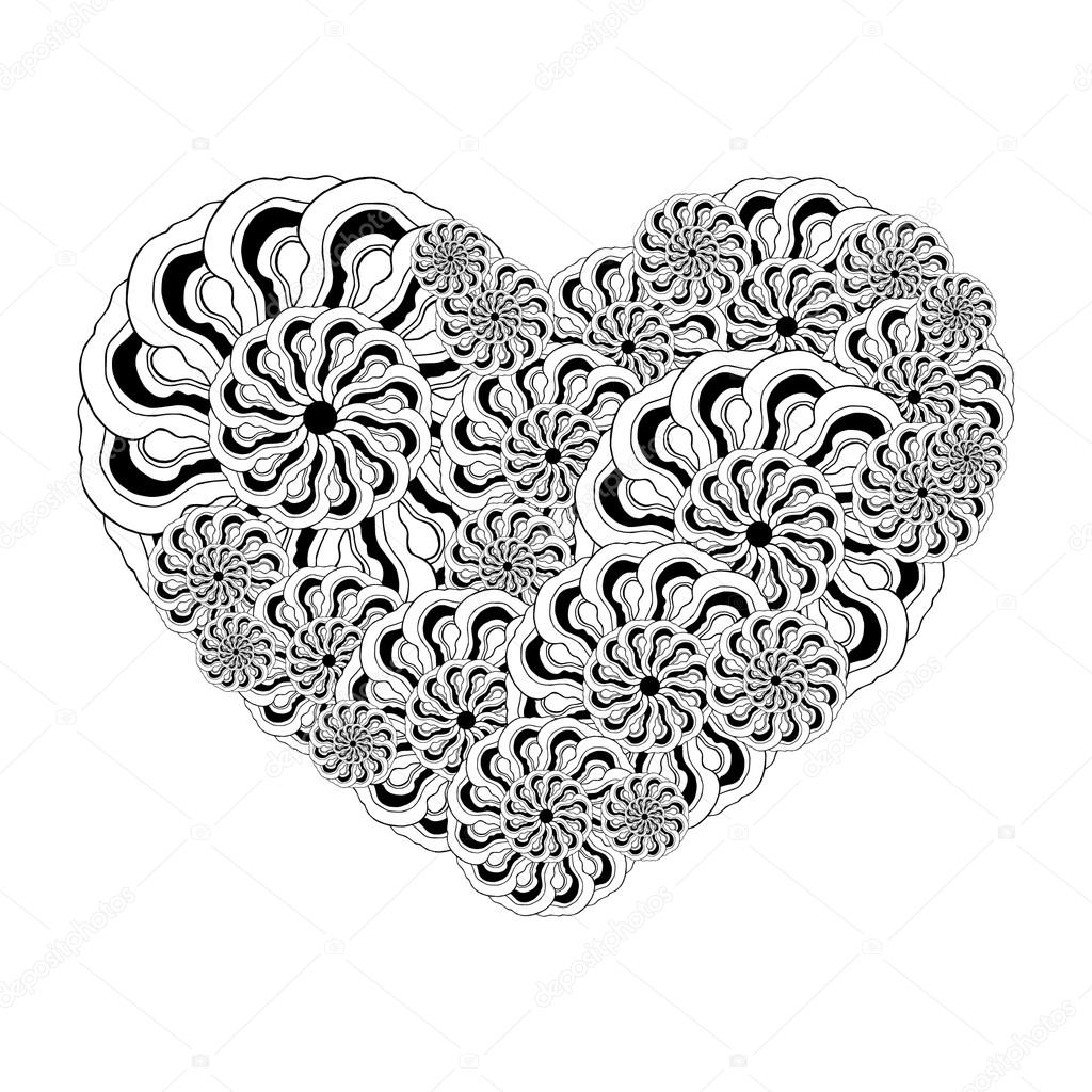 Immagine del cuore dei fiori stilizzati in bianchi e nero colori — Vettoriale Stock