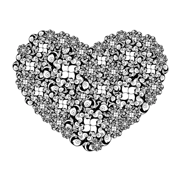 Εικόνα της καρδιάς του στυλιζαρισμένα λουλούδια σε χρώματα μαύρο και άσπρο. — Διανυσματικό Αρχείο