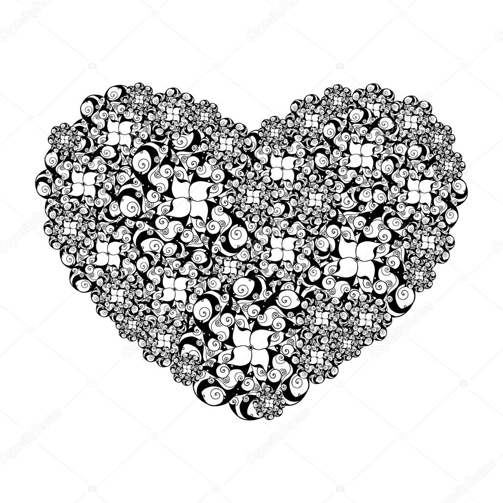 Immagine del cuore dei fiori stilizzati in bianchi e nero colori — Vettoriale Stock