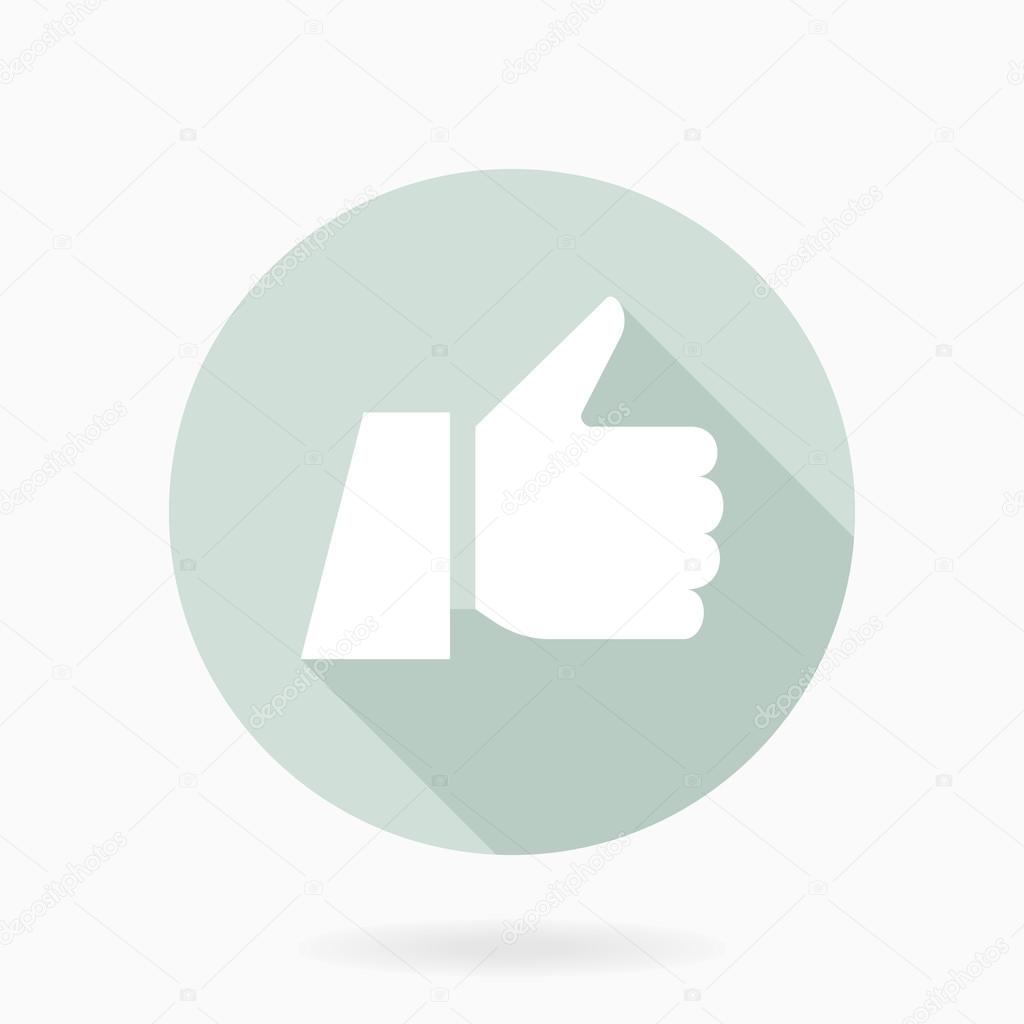 Fine vector white thumb up icon in light blue circle with shadow. Flat Style