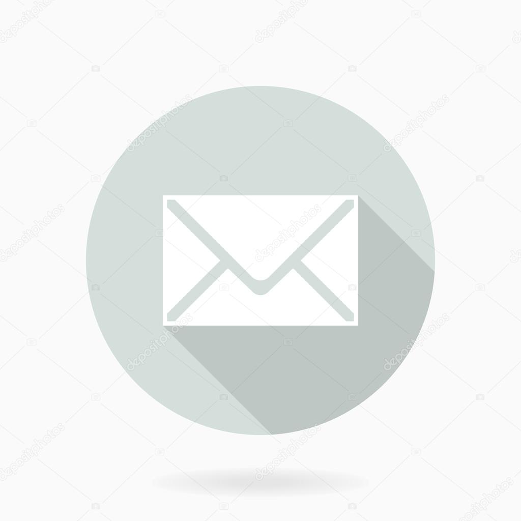 Fine vector white mail icon in the light blue circle. Flat design and long shadow