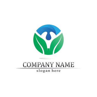 Ağaç yaprağı vektörü ve yeşil logo tasarımı dostane kavram 