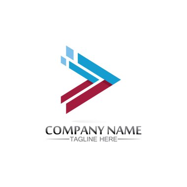 Müzik, ortam, oyun, dijital ses ve hız, finans, iş şablonu logosu için ok logosu vektörü