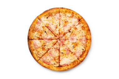 Beyaz arka planda büyük lezzetli bir pizza.