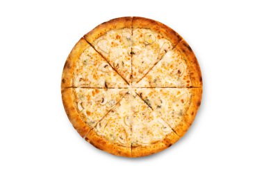 Beyaz arka planda büyük lezzetli bir pizza.