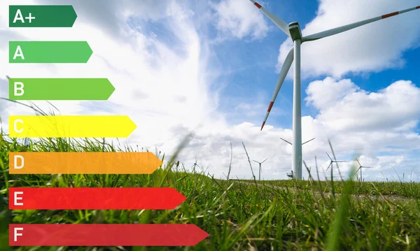 green energy concept, energy label from a to e at the electricity generation by windmills - industrial ecological energy generation by wind power.