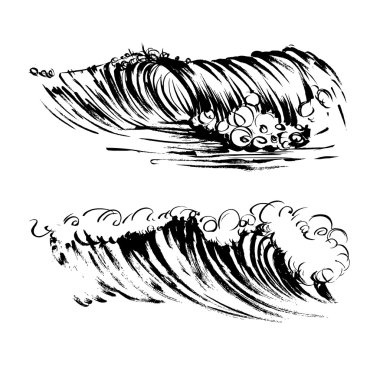 Dalgalar mürekkep kroki handdrawn Serigraf baskı fırça