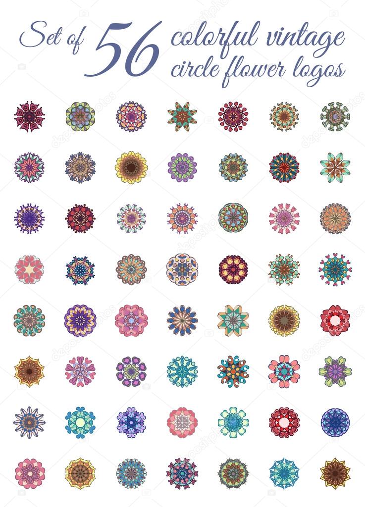 Set of 56 vintage ornamental circular logos. Colorful flower sunflower dandelion mandalas. Business style