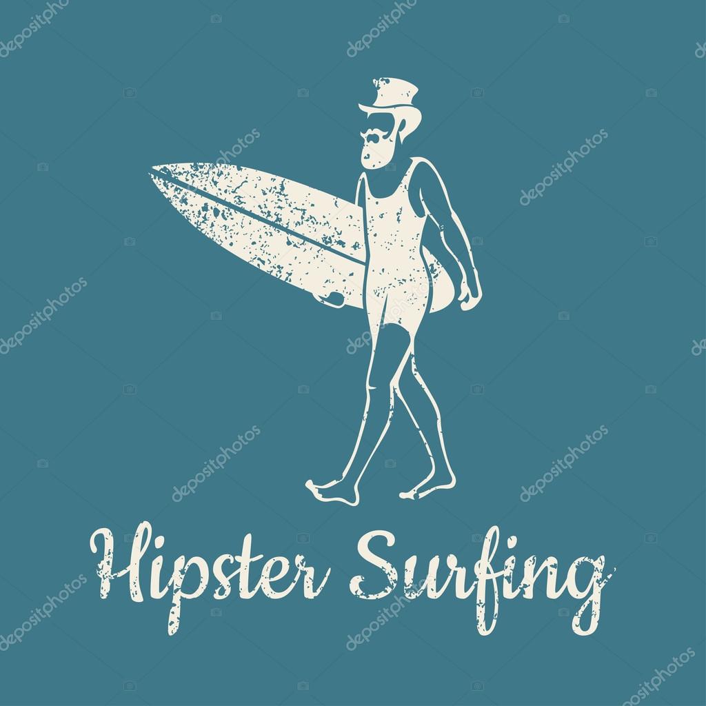 A man in a hat with a beard and mustache brings a surfboard