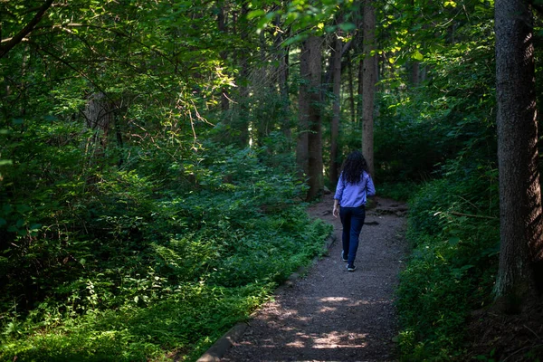 一个人在田园诗绿的树林里孤独地走着一条孤独的路 — 图库照片