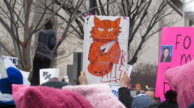 Kadınlar Washington 'da pembe şapkalara yürür ve protesto işaretleri verir: