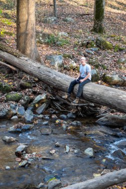 İçerikli adam ağaçların arasındaki samanlıkta tek başına oturuyor.