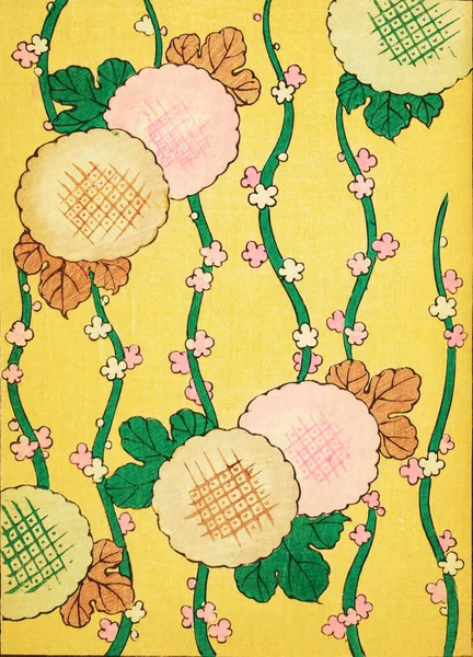 Retro Japanese art design yellow background flowers green stems