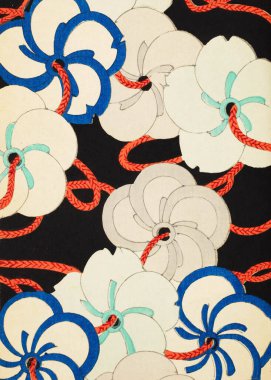 Büyük çiçekli ve kırmızı iplikli Japon sanat tasarımı