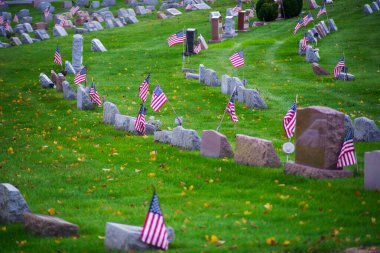 Mezar taşlarında Amerikan bayrakları olan bir mezarlık..