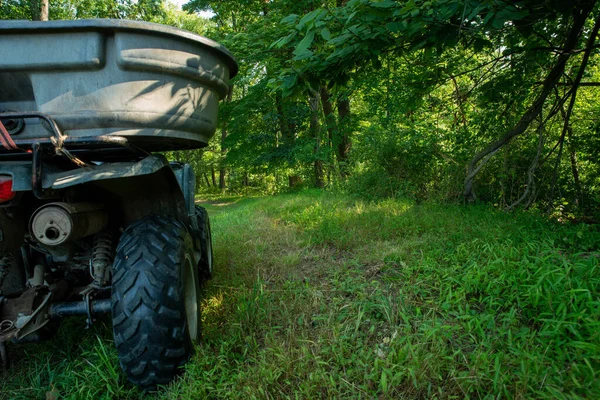 Road Agricultural Vehicle Center Green Grassy Woodland Close Image Natural — Stock Photo, Image