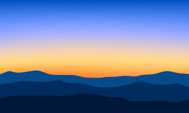 vektör manzarası katmanlı dağ siluetlerini ve sıcak günbatımı renklerinin huzurlu bir gökyüzüne karıştığını gösteriyor