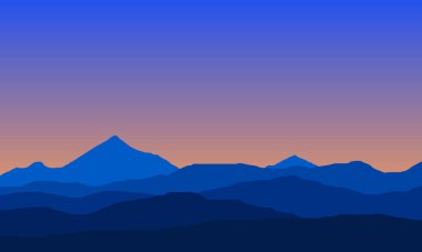 Sıcak bir gökyüzü gradyanı altında katmanlı mavi dağların vektör çizimi
