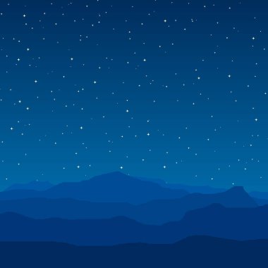 Yıldızlı gökyüzünün altında katmanlı mavi siluetler içeren minimum gece dağ illüstrasyonu