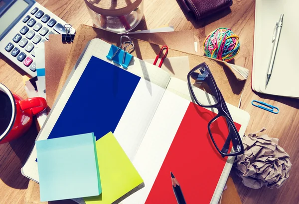 Messy office desk and France Country Flag — Stock Photo, Image