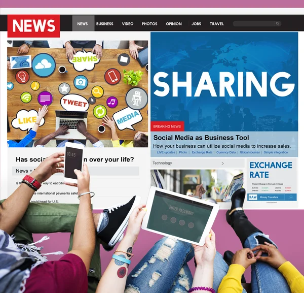 Pessoas usando dispositivos e conceito de compartilhamento — Fotografia de Stock