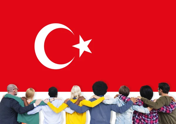 Multiethnic People and Turkey National Flag — Stock Photo, Image