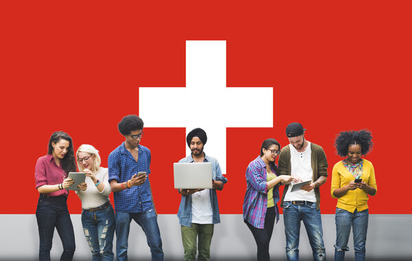 young people and switzerland flag