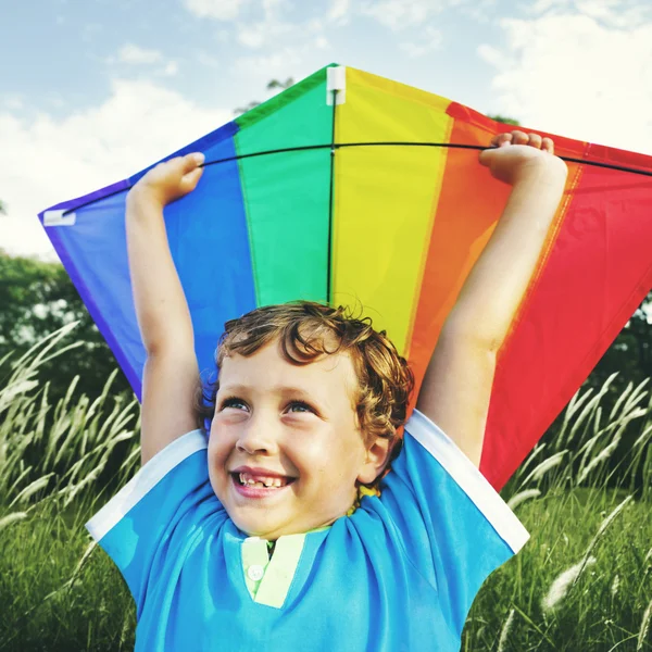 Cheerful boy Playing Kite — Stock fotografie