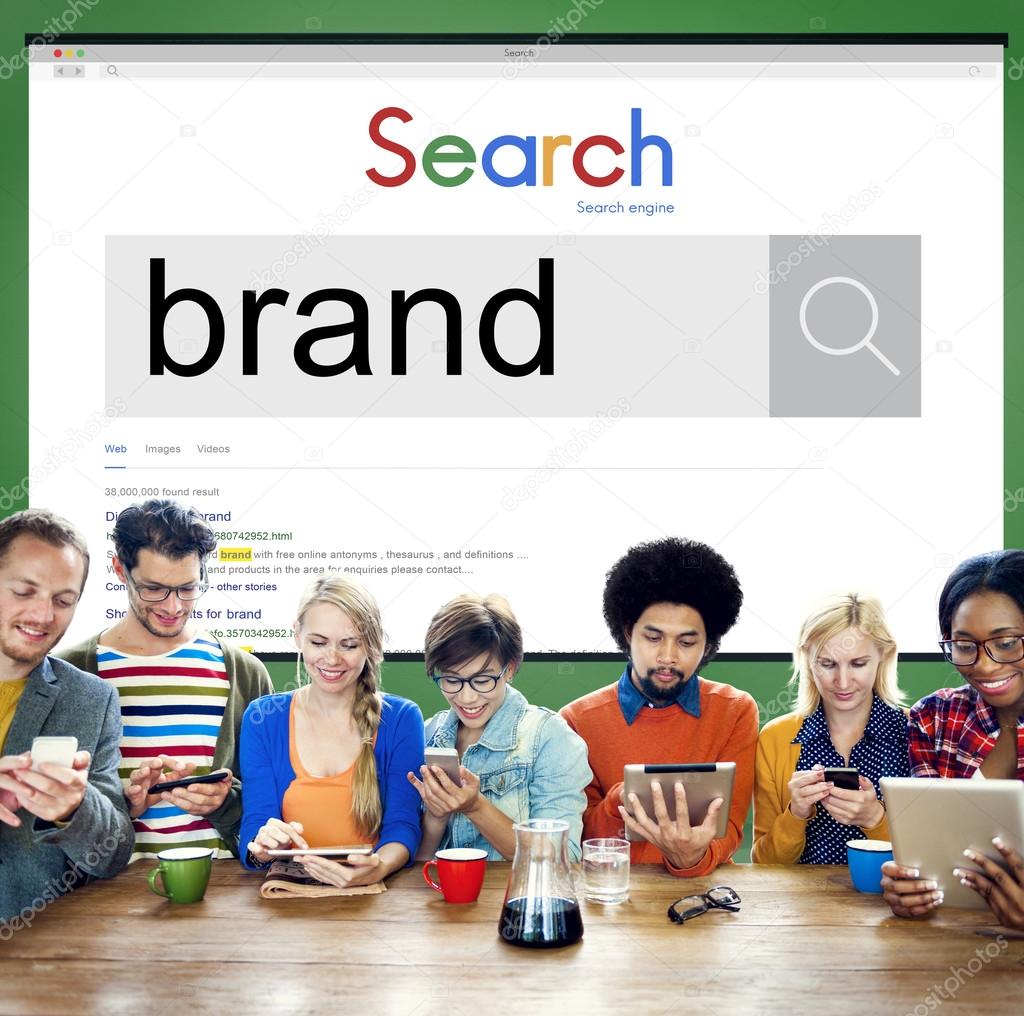 Group of Diversity People Using Digital Devices with Brand Branding, Marketing, Advertising Trademark Concept