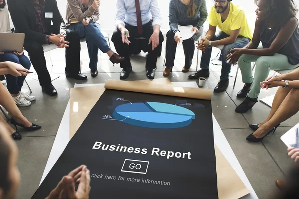 people over poster with business report