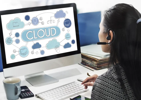 Computer with cloud on monitor — Stock Photo, Image