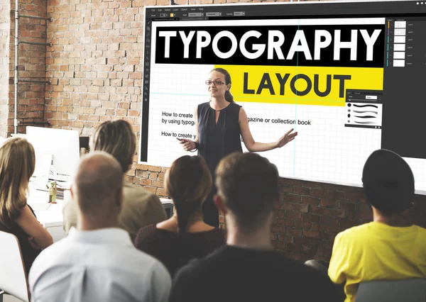 Menschen bei Konferenz mit Typografie-Layout — Stockfoto