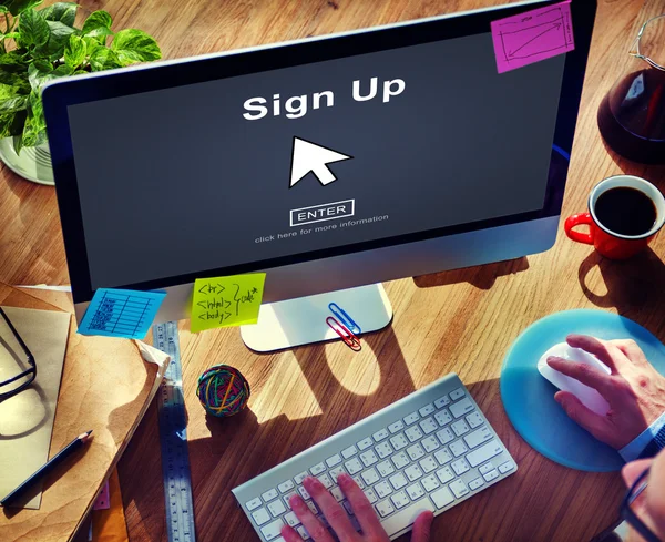 Man using computer and Sign Up — Stock Photo, Image