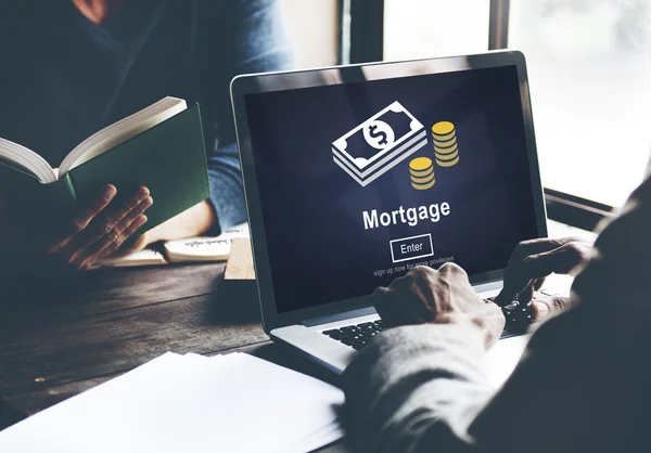 Man using laptop and Mortgage Concept — Stock Photo, Image