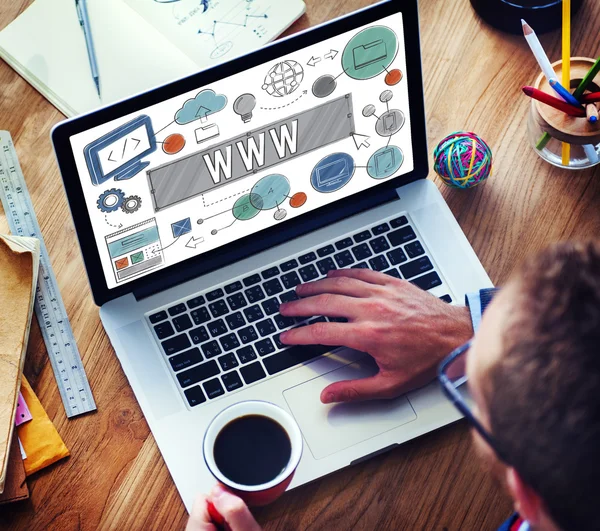 Man at computer with WWW text on screen — Stock Photo, Image