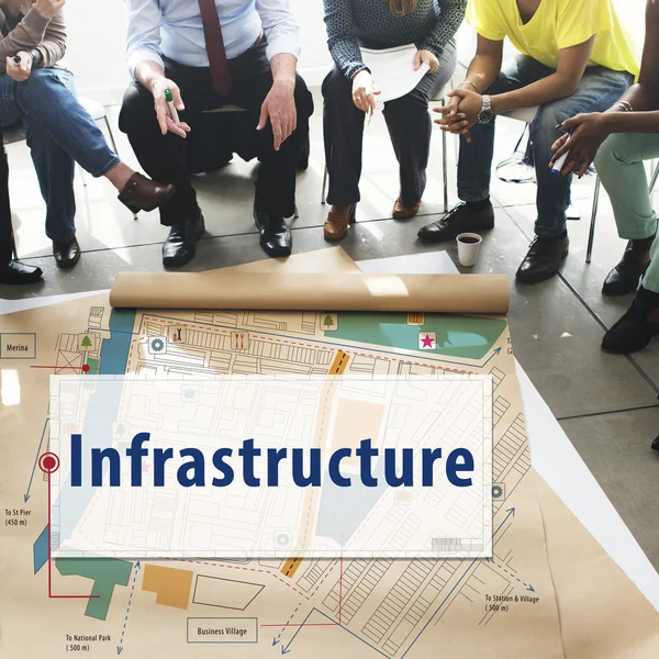 Personnes sur affiche avec infrastructure — Photo